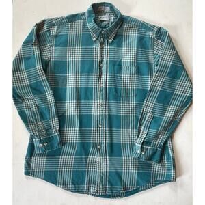 VTG Sansabelt Sport Men’s Shirt L Hong Kong 100% Cotton Plaid Teal Green